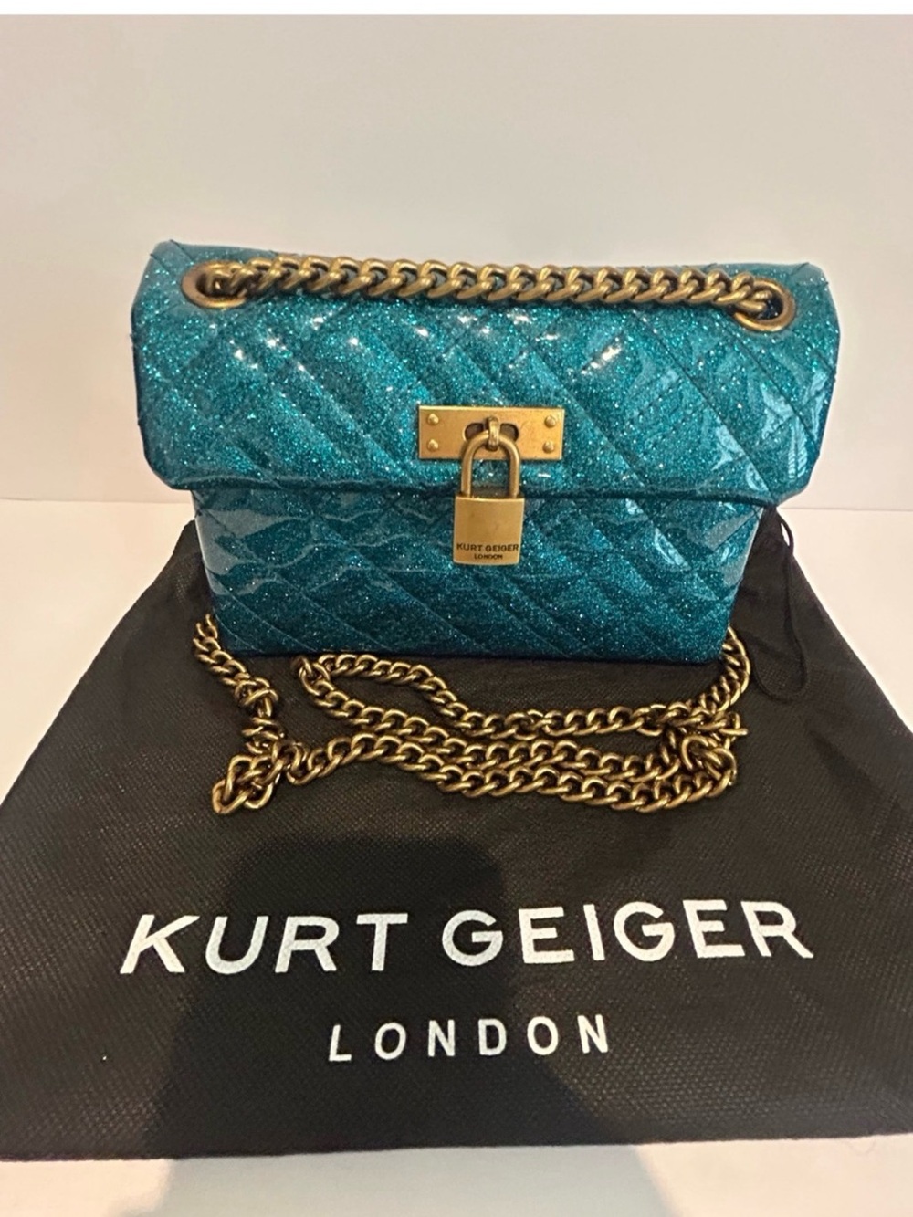 Kurt Geiger 🦅 Brixton Blue Glitter Quilted Chain Crossbody Bag